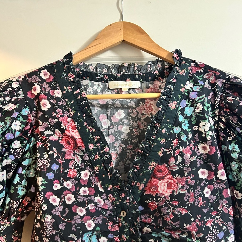 LoveShackFancy Women Black Floral Cotton Puff Sleeve Ruffle V-Neck Blouse Small - Picture 5 of 8